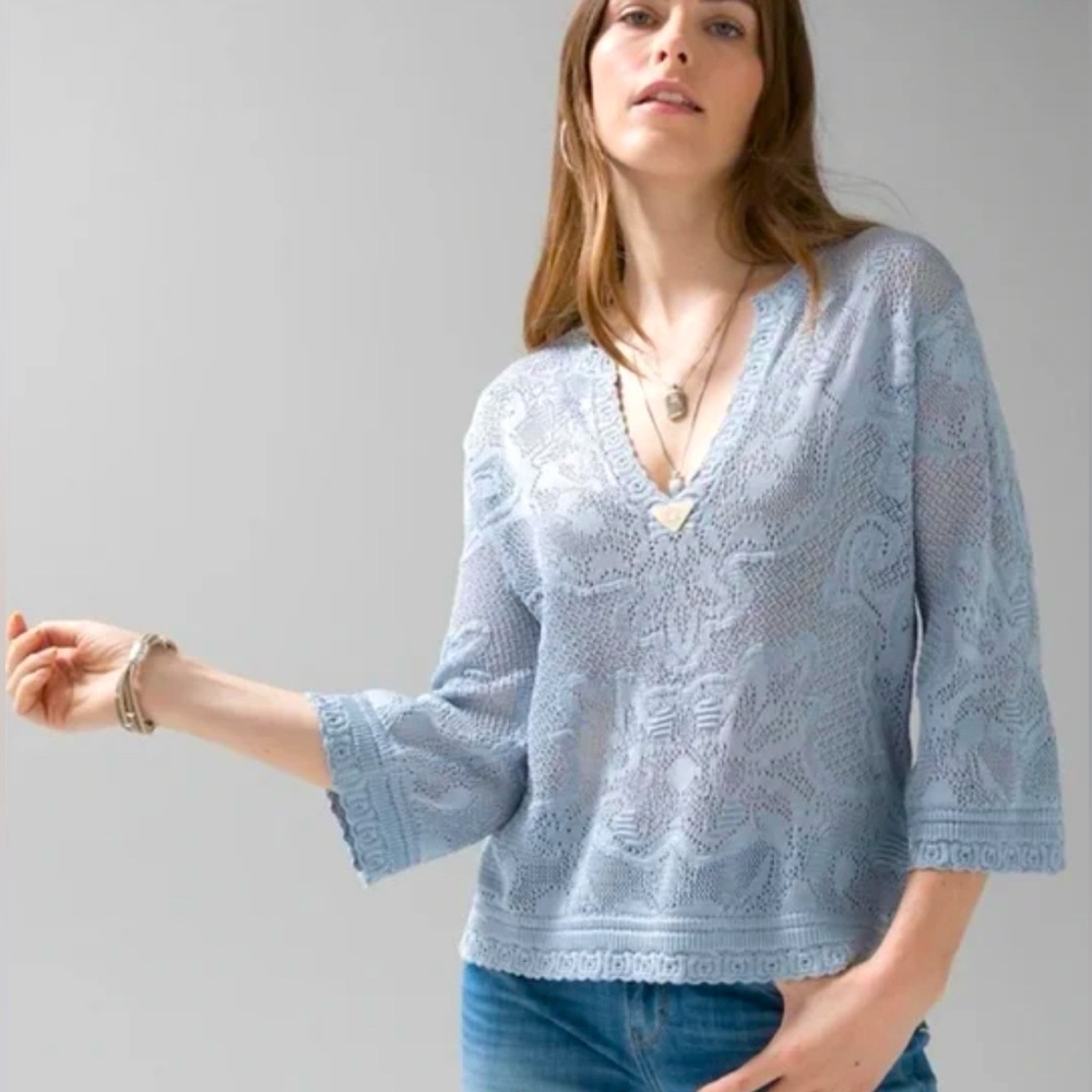 White House Black Market Pointelle Stitch 3/4 Sleeve Sweater M Blue - Picture 1 of 14